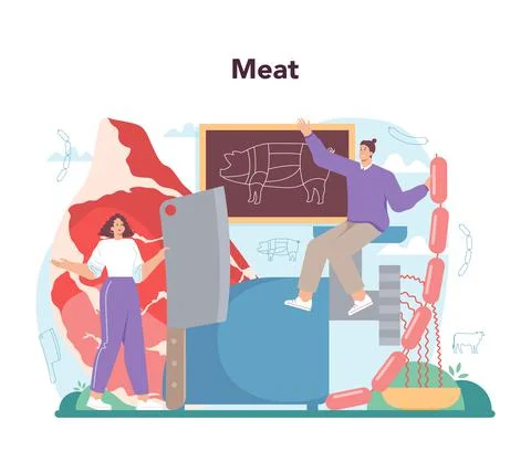 Butcher or meatman concept. Fresh meat and semi-finished products Stock Illustration