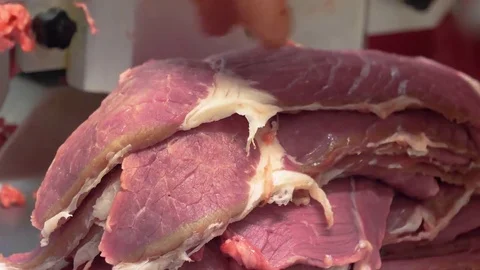 Butcher prepares beef slices, close up Stock Footage 85305559