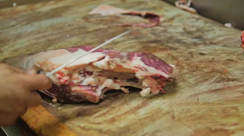 Butcher removing fat from meat 스톡 동영상 41508097