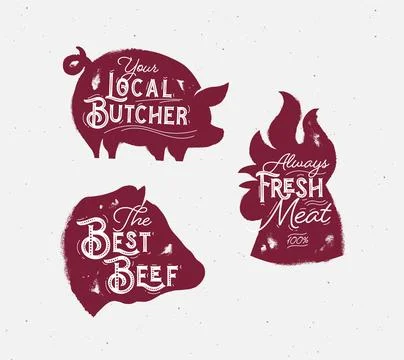 Butcher set meat chicken beef pork light and red Stock Illustration