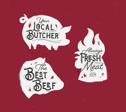 Butcher set meat chicken beef pork red Stock Illustration