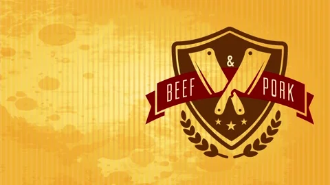 Butcher shelf fresh cut processed cattle and meat meat with cutlery graphic over Stock Footage 130453469