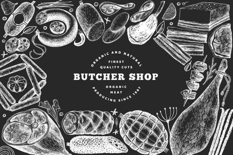 Butcher shop hand drawn vector banner template. Retro style illustration on c Illustrazione stock