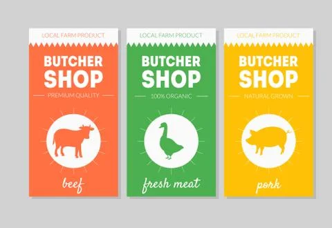 Butcher Shop Packaging Labels Set, Beef, Fresh Meat, Pork Vector Illustration Stock Illustration