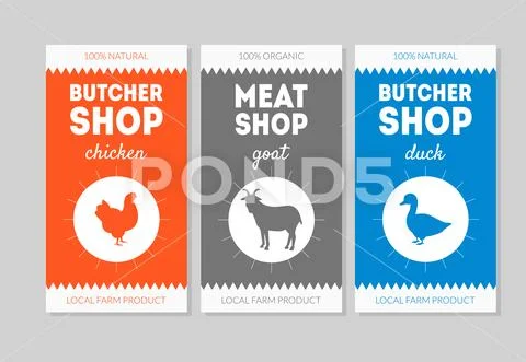 Butcher Shop Packaging Labels Set, Chicken,Goat, Duck Vector Illustration Stock Illustration