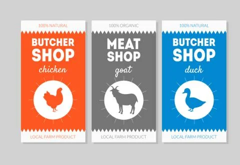 Butcher Shop Packaging Labels Set, Chicken,Goat, Duck Vector Illustration Stock Illustration