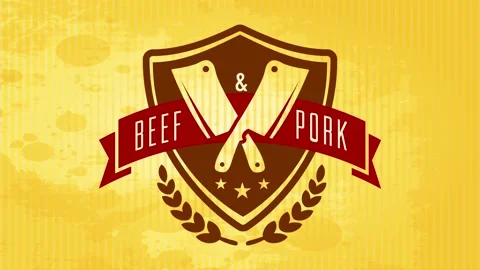 Butcher store fresh cut processed beef and pork meat with knives graphic over Stock Footage 130453435