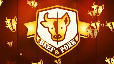 Butcher store offering beef and pig meat with gold insignia in center of wooden Stock Footage 130178599