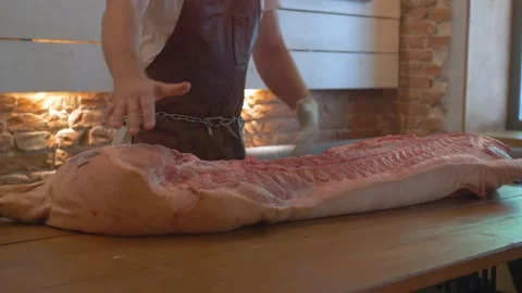 Butcher Telling About Carcass of Pork Stock Footage 137900183