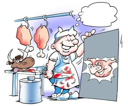 A butcher there standing with a pig's head on a sign Stock Illustration