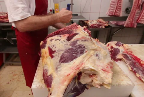 Butcher trimming beef round Stock Footage 41459555