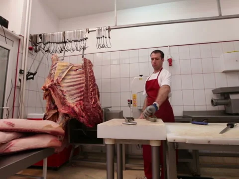 Butcher waiting for carcasses Stock Footage 41459502