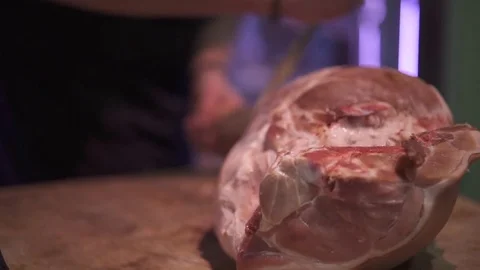 Butcher at work, pork meat getting cut Stock Footage 83184983