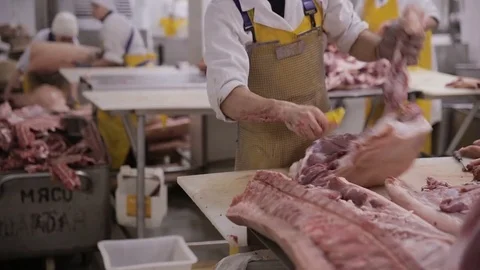 Butchers chopping meat at a meat processing factory Stock Footage