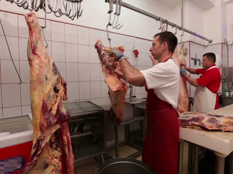 Butchers processing beef carcasses Stock-Footage 41460065