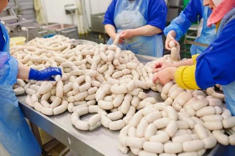 Butchers processing sausages at a meat factory. Stock Photos