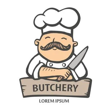 Butchery logo. Hand drawn vector illustration of chief-cooker with a mustache Stock Illustration