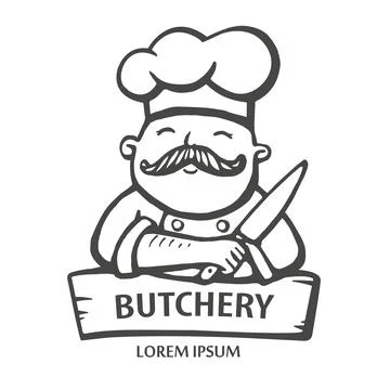 Butchery logo. Hand drawn vector illustration of chief-cooker with a mustache Stock Illustration
