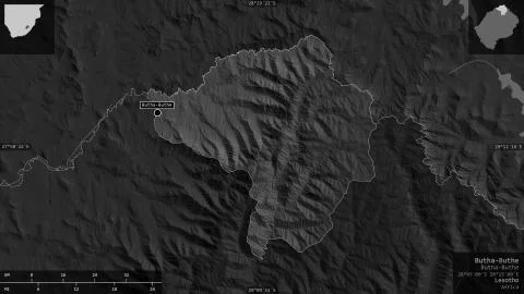 Butha-Buthe, Lesotho. Grayscaled map with lakes and rivers Stock Illustration