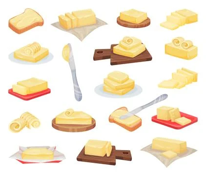 Butter Block with Knife for Bread Spreading Big Vector Set 스톡 일러스트