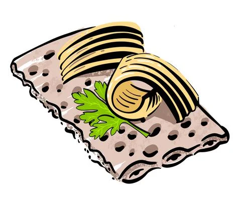 Butter on crispy bread. Hand drawn sketch. Vector illustration. Stock Illustration