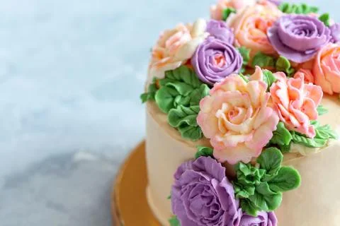 Buttercream flower cake close-up. Stock Photos