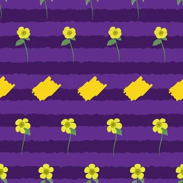 Buttercup vector seamless pattern design on purple stripes Stock Illustration