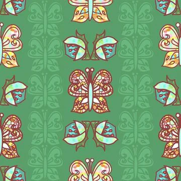 Butterflies And Flowers Decorative Pattern In Green Stock Illustration