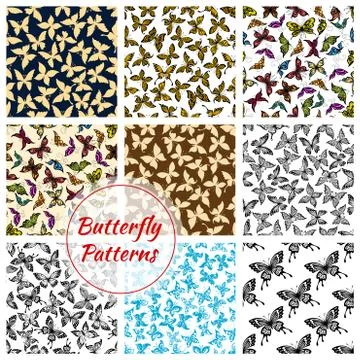 Butterflies and moth seamless patterns set 스톡 일러스트