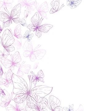 Butterflies are pink, blue, lilac, flying, delicate line art. Graphic Stock Illustration