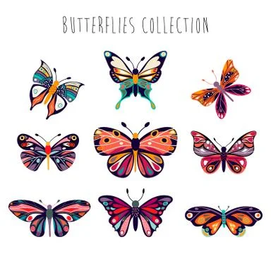 Butterflies collection with hand drawn elements isolated on white Stock Illustration
