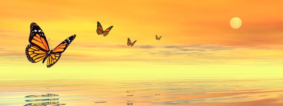 Butterflies flying to the sunset - 3D render Stock Illustration