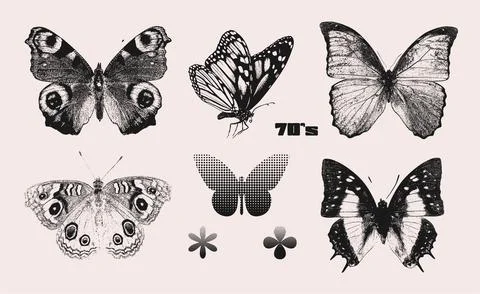 Butterflies halftone collage elements set with grunge photocopy texture. Trendy Stock Illustration