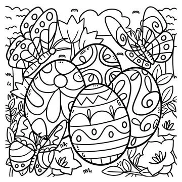 Butterflies Hovering Over Easter Eggs Coloring Stock Illustration