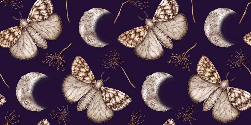 Butterflies moon and grass pattern on blue background in watercolor Illustrazione stock