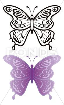 Butterflies, outline and lilac Stock Illustration