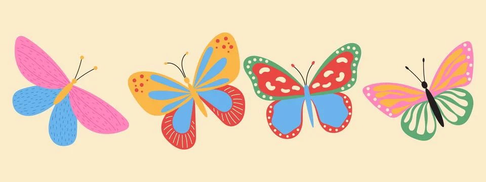 Butterflies with patterns. Hand drawn insect set. Stock Illustration
