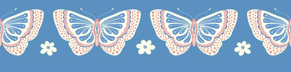 Butterfly and flower border pattern design. Cute vector seamless repeat banner Stock Illustration