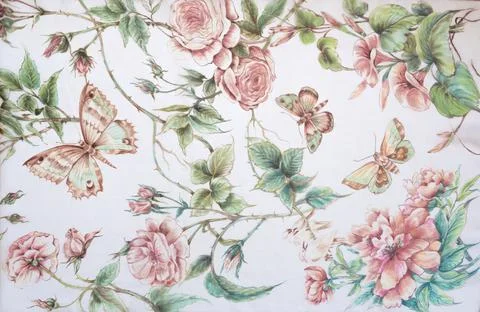 Butterfly and flower pattern hand drawn on silk Stock Photos