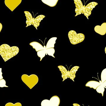 Butterfly and heart seamless pattern. Gold color and glitter. Stock Illustration