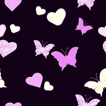 Butterfly and heart seamless pattern. Pink color and glitter. Stock Illustration