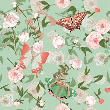 Butterfly and leaves, stems and inflorescences of peonies and roses vector il Stock Illustration