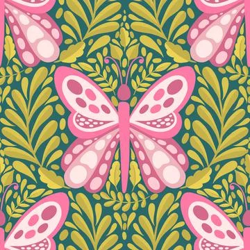 Butterfly and plant seamless pattern.Simple flat cute element insect.Cute Stock Illustration