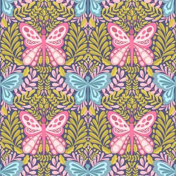 Butterfly and plant seamless pattern.Simple flat cute element insect.Cute Stock Illustration