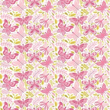 Butterfly and plant seamless pattern.Simple flat cute element insect.Cute Stock Illustration