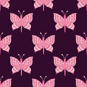 Butterfly and plant seamless pattern.Simple flat cute element insect.Cute Stock Illustration