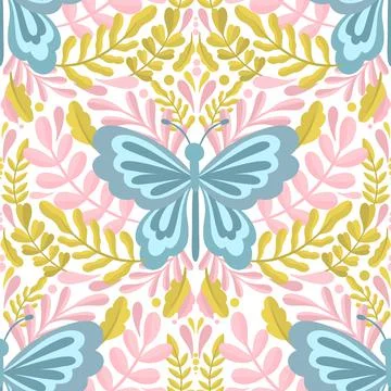 Butterfly and plant seamless pattern.Simple flat cute element insect.Cute Stock Illustration