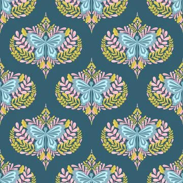 Butterfly and plant seamless pattern.Simple flat cute element insect.Cute Stock Illustration
