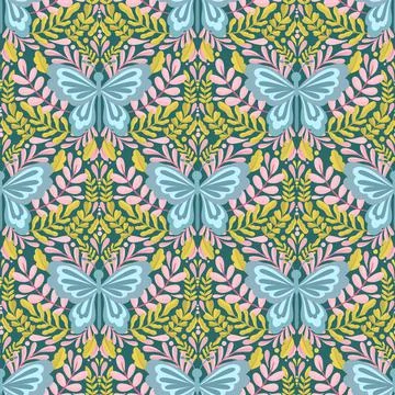 Butterfly and plant seamless pattern.Simple flat cute element insect.Cute Stock Illustration