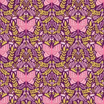Butterfly and plant seamless pattern.Simple flat cute element insect.Cute Stock Illustration